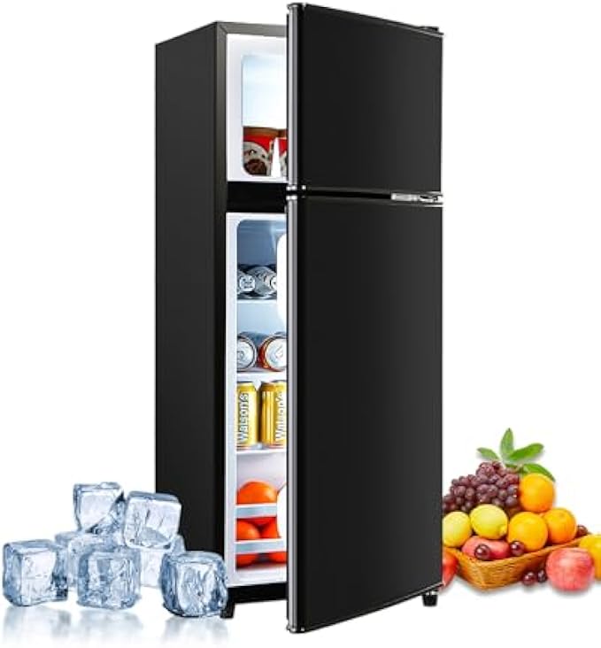 3.5 Cu. Ft. Capacity Double-door Compact Fridge with Freezer and 7-Level Thermostat, Compact Convenience and Energy Savings, Ideal for Apartments, Dorms, Home Offices and Bars, Black Color