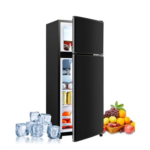 3.5 Cu. Ft. Capacity Double-door Compact Fridge with Freezer and 7-Level Thermostat, Compact Convenience and Energy Savings, Ideal for Apartments, Dorms, Home Offices and Bars, Black Color