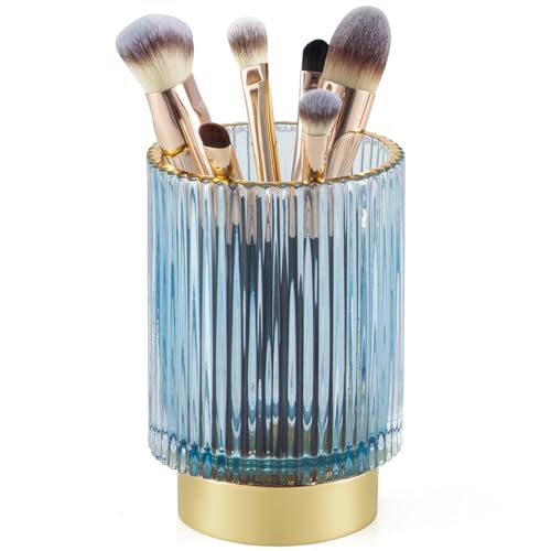 CANITORON Makeup Brush Holder,Glass Makeup Brush Holder Organizer Store Cosmetic Tools,Eyeliner,Storage Organizer for Vanity,Bathroom Countertop Organize and Bedroom Countertop Storage.(Blue L)