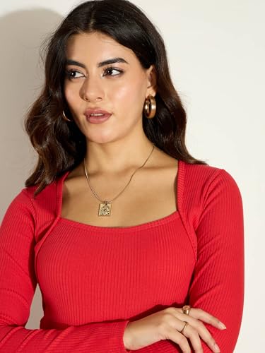 Image of SASSAFRAS Women's Slim Fit Full Sleeves Rib Square Neck Ribbed Basics - Casual Ribbed T-Shirt Tops