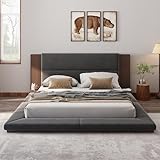 Polibi Velvet Upholstered Floor Platform Bed with Extended Wood Headboard & Bedside Shelves - No Box Spring Needed, Low Profile Bed Frame with Storage Space (Queen)