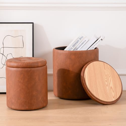 Round Ottoman with Storage Set of 2, Faux Leather Button Tufted Storage Ottoman, 14.76'L x 14.76'W x...
