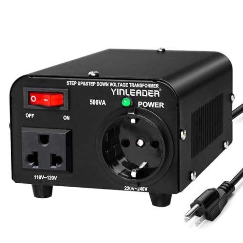 Yinleader 110v to 220v European Voltage Converter Transformer 500W Step Up Converter 110/120 Volt to 220/230/240 Volt or Step Down 220 to 110 w/US Power Cord,Circuit Breaker Protection