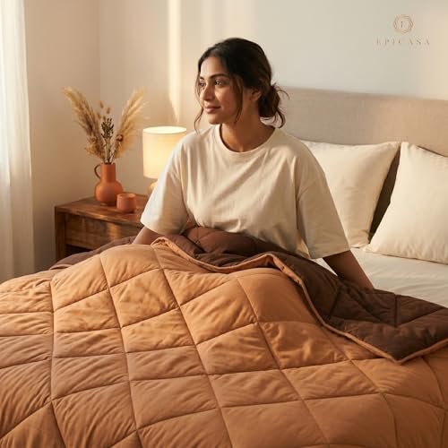 Image of Epicasa Reversible Comforter | 200 GSM Thermal Bonded Fill | 110 GSM Micro Peach Fabric | All Season AC Quilt | Diamond Quilted | Lightweight Duvet Blanket for Home Bedroom | Brown & Caramel