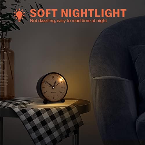  Alarm Clock Bedside - Silent Non Ticking Alarm Clock Analogue Battery Operated Desk Clock with Night Light, Minimalistic Round Metal Alarm Clock for Bedrooms Office, 4 inches, Black