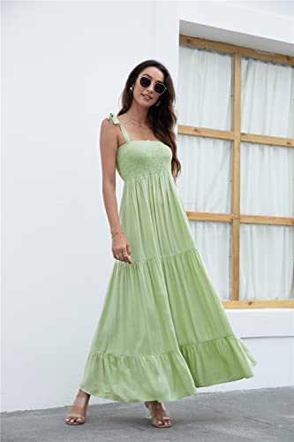 Image of kinstell Women's Summer Boho Spaghetti Strap Square Neck Ruffle Casual Flowy Long Dress Beach Swing Party Maxi Dress