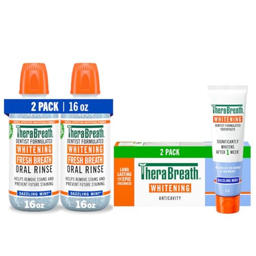 Bundle of TheraBreath Whitening Toothpaste, 4 Oz, (2-Pack) + TheraBreath Whitening Mouthwash, Dazzling Flavor, Alcohol-Free, 16 oz (Pack of 2)