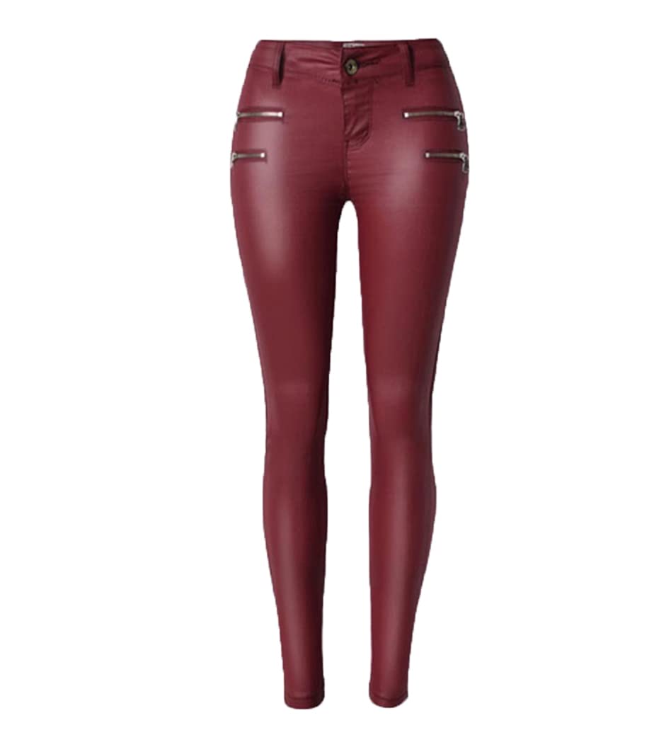 Dninmim Pantaloni da donna skinny a vita bassa slim in pelle PU pantaloni sexy in pelle sintetica rosso vino