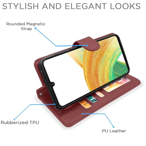 Image of Pikkme Samsung Galaxy A33 5G Flip Cover | PU Leather Finish | 360 Protection | Wallet & Stand | Strong Magnetic Flip Case for Samsung Galaxy A33 5G (Brown)
