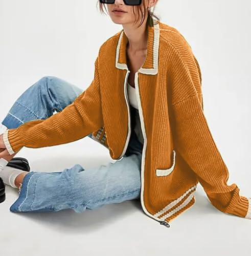 CHARTOU Casual Knit Zip Up Sweater for Women 2025 Fall Outfits Contrast Trim Open Front Cardigan Sweater Outwear Coats2