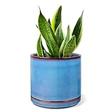 EFISPSS 6 Inch Ceramic Plant Pot with Drainage Hole and Saucer, Decorative Flower Pot for Indoor/Outdoor Plants, Modern Reactive Glaze Blue Design