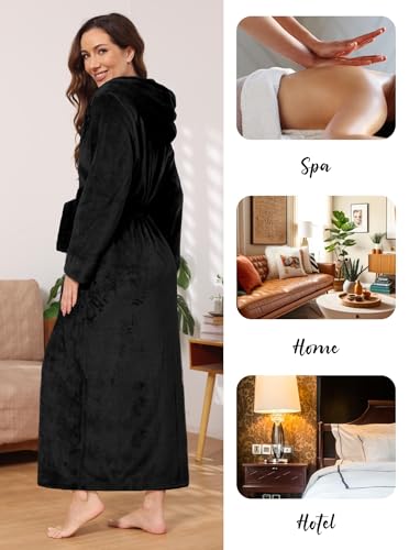Image of Hellomamma Long Hooded Robe for Women Luxurious Flannel Fleece Full Length Bathrobe Winter Warm Pajamas Shower Nightgown
