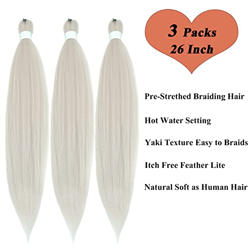 Silver Grey Braiding Hair Pre Stretched Micro Prestretched Braiding Hair 26 Inch Synthetic Colored Hair Extensions For Braiding (Gray Braids 3Packs) #TOP1