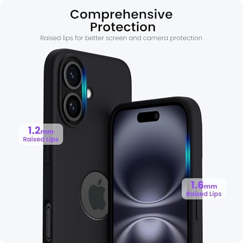 Image of Elzzi Microfiber Logo Cover Compatible for iPhone 16 Case Liquid Silicone Cases Full Body 4 Layer Protective Covers Shockproof Back Cover (Black)