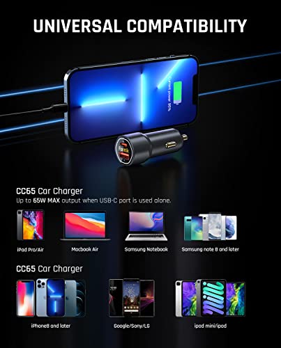 Image of Fanttik 65W USB C Car Charger, Dual Port Fast Charging Car Adapter with PD3.0 QC3.0 Compatible with iPhone 14 /14 Pro /13 /13 Pro /13 Pro Max, MacBook Air, Samsung Galaxy S20 /10, Pixel, iPad Air and More