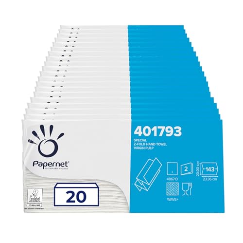 Papernet - Asciugamano Piegato a Z 401793, 20 Confezioni da 143 Pezzi Monouso di Carta in Pura Cellulosa, 2 Veli, Dimensione 23,4x23,00 cm