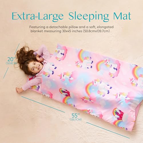 Image of JOIEDOMI Toddler Sleeping Bag for Kids 55''x30'' Nap Mat with Removable Pillow and Minky Blanket for Toddler Ages 3-7 Roll Up Soft Kids Sleeping Bag for Boys Girls Kindergarten Daycare Sleepover