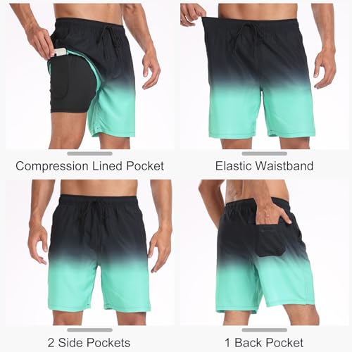 Image of Mens Swim Trunks with Compression Liner 2 in 1 Quick Dry Swimming Shorts Swimwear Bathing Suits with Pockets