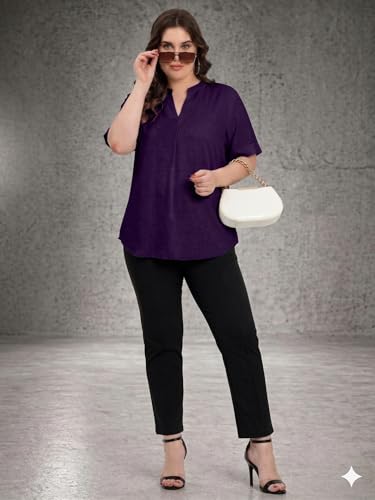 Image of SINDOORI Relaxed Fit Tops for Women Plus Size Solid Printed Mandarin Collar, Band Collar, V-Neck Top, Half Sleeve Loose Fit