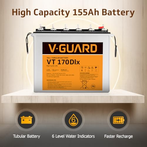 Image of V-Guard VT 170Dlx 155Ah Tubular Inverter Battery |36+24 Months Warranty | Tubular Plate Technology| High Backup Performance|Water Level Indicators|Suitable for Frequent Power Cut Areas