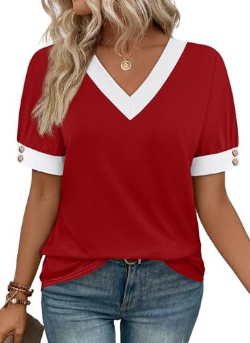WIHOLL Womens Tops Trendy Boho Casual Short Sleeve Shirts for Women Hawaiian Cute Red Blouses for Women Dressy Casual Summer Outfits 2026 Beach Vacation Clothes with Bottons Travel V Neck