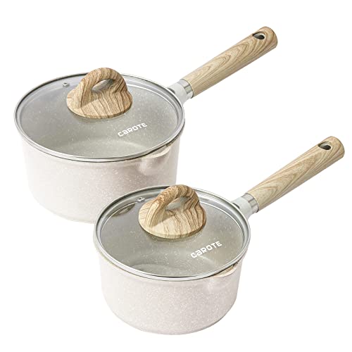 CAROTE Saucepan with Lid, Nonstick Sauce Pot for Induction, Gas and Electric Hobs, Small Cooking Pot with Pour Spout (White Granite, 16/18CM 2PCS)