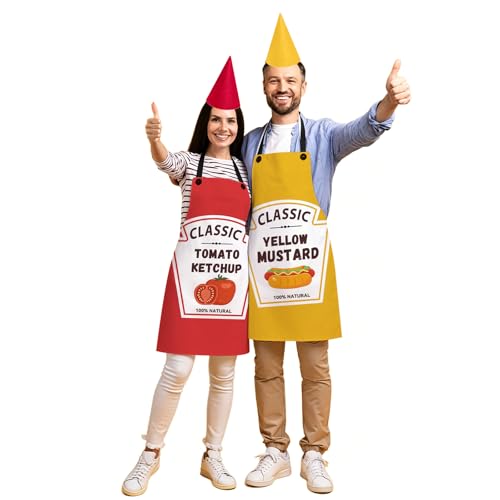 Augacage 2 Set Ketchup and Mustard Costume Apron Condiment Group Costume Includes Ketchup and Mustard Aprons Hats for Back to School Halloween Family Cosplay Dress up Couples Outfits Apparel