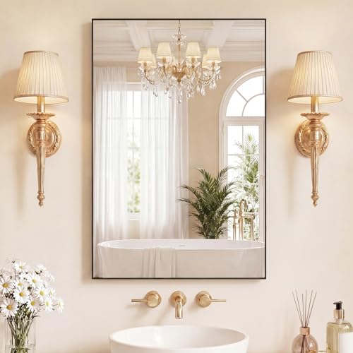 Image of Sweetcrispy Bathroom Mirrors for Over Sink, 24 inch x 36 inch Rectangle Wall Mount Mirror with Metal Frame, Modern Vanity Mirror with Tempered Glass, for Home Decor, Anti-Rust, Black