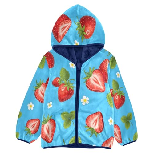 Strawberry Pattern on Blue Toddler Fleece Jacket Girl Boys Hooded Fleece Jacket Coat Warm Outwear Zip-up 3-10T