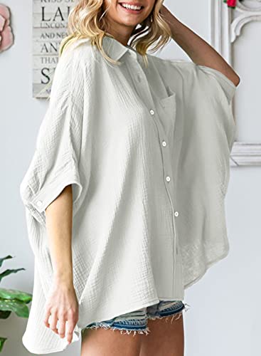Astylish Ladies Loose Button Down Tunic Shirt Dressy Teen Girls 3/4 Sleeve Summer Cotton Travel Blouse White X-Large #TOP3