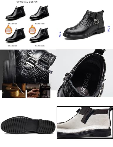 Men's Print Genuine Leather Boots,Fall Winter High Height Bukle Strap Formal Business Chunky Ankle Booties2