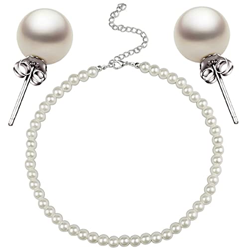 AUXHCYL 3 Collier Perle Femme,Collier de Perles Blanches avec Boucles D'Oreilles Rond Simple Perles Bijoux en Perles pour Mariage 40-50cm Cover