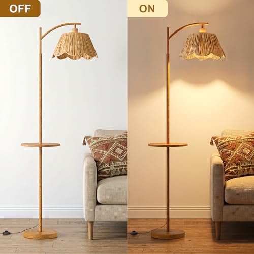Image of Oneach 63.5 inch Floor Lamp with Table for Living Room, Boho Rattan Standing Lamps with Foot Switch, Farmhouse Floor Lamp for Bedroom, Arc Tall Lamp with Metal Base&Pole, Bulb not Included, Woodgrain