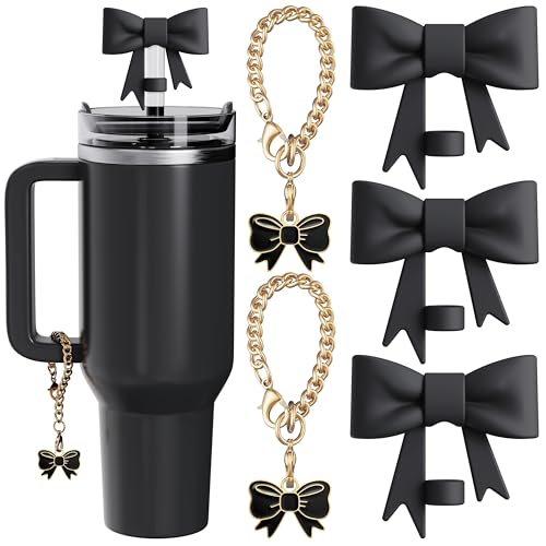 Compatible with Stanley Cup Accessories - 3Pcs 10mm Bow Straw Topper Compatible with Stanley Cup Straw Cover Cap, 2pcs Black Bow Charms for Stanley 30&40 Oz Tumbler with Handle
