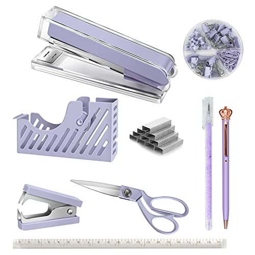 Owfeel Desk Accessory Kits Purple 9pcs Stapler & Tape Dispenser Set, Acrylic Office Supply Kit for Women Men As The Halloween Chirismas Thanking Giving Day Gift for Office Clerks and Students