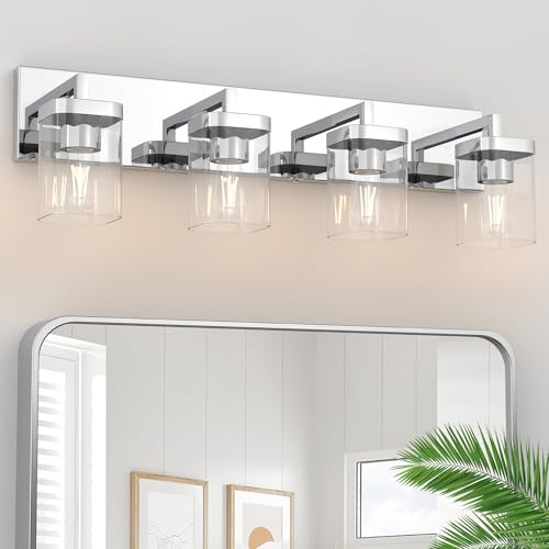 Image of Chrome Bathroom Vanity Light, Square Design 4 Lights Morden Vanity Lighting Fixtures Over Mirror, Bathroom Vanity Light Fixtures for Living Room /Bedroom