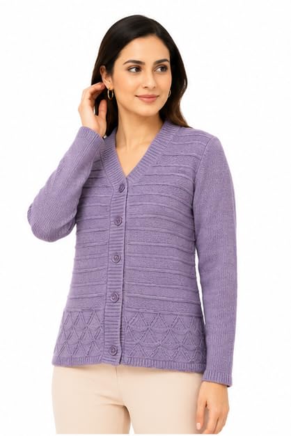 manra Women's Woolen V-Neck Button Front Cardigan Sweater Full Sleeve Self Design Winter Wear Soft Knit Wool Blend Cardigan Lavender-picture-17
