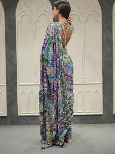 Image of Women's Soft Chinnon Silk Digital Print Saree with Embroidery and Real Mirror Work, Designer Traditional Saree with Elegant Piping Border and Unstitched Blouse