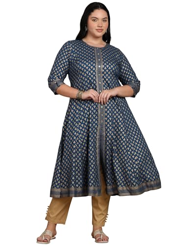 Image of Yash Gallery Women's Rayon Relaxed Fit A Line Golden Floral Printed A-Line Kurta