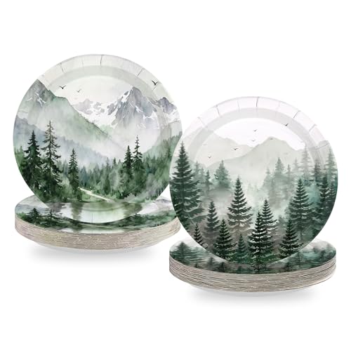 50Pcs Green Forest Party Decorations 9 inch Nature Camping Woodland Pine Tree Paper Plates Mountain Adventure Awaits Theme Plates for Summer Picnic BBQ Baby Shower Outdoor Camper Party Decorations