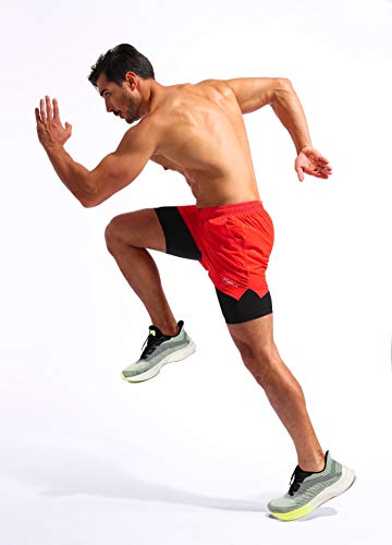 Pudolla Men’s 2 In 1 Running Shorts 5" Quick Dry Gym Athletic Workout Shorts For Men With Phone Pockets(Dark Red Medium) #TOP5