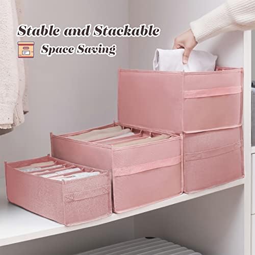 Wardrobe Clothes Organizer, Foldable Drawer Dividers for Clothes, Jeans, Underwear, Legging, Skirts, Sock, T-shirt, Closet Organizers and Storage Nylon Washable Clothes Drawer 7Grids-Pink, Large+Small