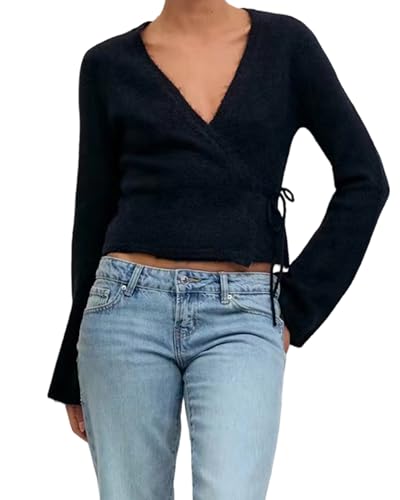 Image of Kfsghdnz Women Tie Front Wrap Knit Cardigan V Neck Long Sleeve Y2K Knitted Yoga Ballet Pilates Crop Workout Lighweight Sweater (Navy Blue B, S)