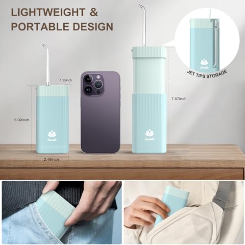 Caredite Water Flosser Cordless,Portable Mini Oral Irrigator Teeth Cleaner, Rechargeable Power Dental Flosser Picks for Travel Home, 4 Tips 3 Modes, IPX7 Wateroproof for Teeth Braces Dental Care,Blue - Thumbnail 2