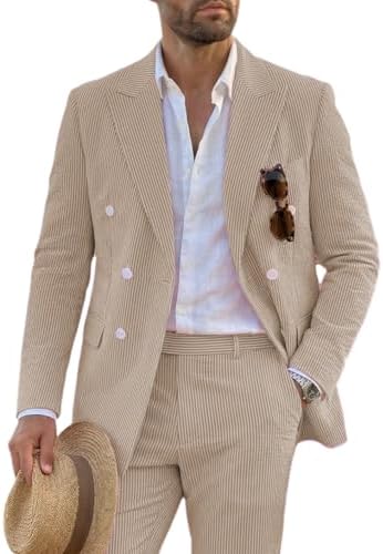Men's Seersucker Suit 2 Piece Summer Striped Blazer Pants Set Bea...