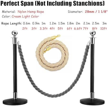 3 Pack Cream Stanchion Rope - 60cm Twisted Hemp Queue Line for Hospitals & Events, Durable Red Carpet Barrier Rope for Crowd Control & Safety