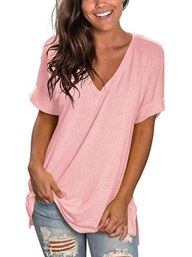 Image of Sampeel Women's V Neck T Shirts Casual Rolled Short Sleeve Side Split Summer Tops Loose Fit