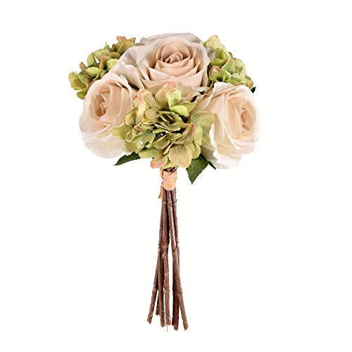 Vickerman 13" Everyday Artificial Green Ivory Rose Hydrangea Bouquet - Faux Indoor Floral Arrangement Bundle - for Home Or Office Decor - Maintance Free