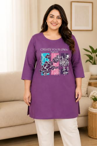 Image of RYSH Women's Plus Size Printed Nightshirt | Round Neck | 3 /4 Sleeve | Relaxed Fit Long Nightwear Top |
