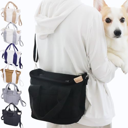 Lil&Fam 犬 お散歩バッグ 2way ショルダーバッグ トートバッグ ファスナー付き コンパクト 大容量 キャンバス ペットボトル 仕切り付き 犬用 (ブラック)（Amazon）